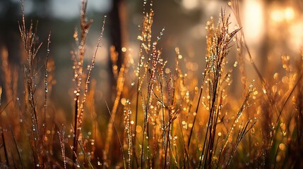 Macro View of Golden Light on Forest Grass at Sunset Time