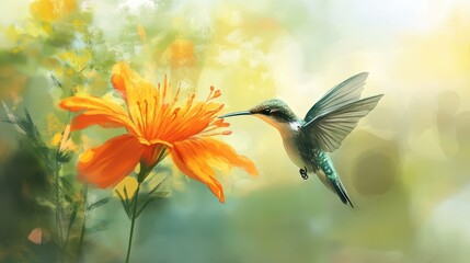 Fototapeta premium An illustration of a hummingbird in flight, hovering delicately in front of a vibrant orange flower.