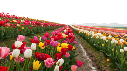 a tulip field isolated on white background. PNG