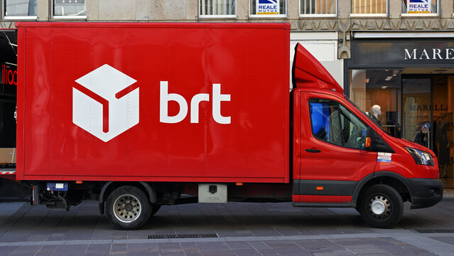 Bergamo, Italy &ndash; April 30, 2025: BRT delivery van parked on a street