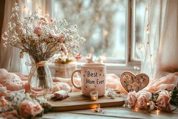 Still life with a coffee mug labeled "Best Mom Ever", wooden heart-shaped cutting board, and small bouquet, on a white or pastel background, hyperrealistic
