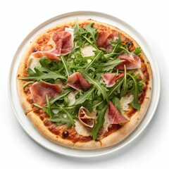 Delicious prosciutto pizza topped with fresh arugula on a white plate. Perfect for restaurant menus, food blogs, and websites.