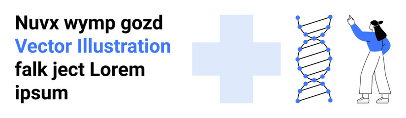 Obraz premium Female scientist analyzing DNA strand, medical cross symbol beside. Ideal for healthcare, research, science, biotechnology, genetics, education, and a simple landing page