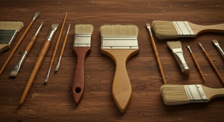 Paint Brushes Collection on Wooden Surface for Art Projects
