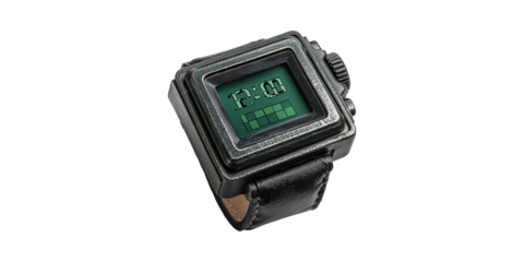 Retro Digital Watch With Leather Strap. Vintage Style Timepiece Isolated On Transparent Background