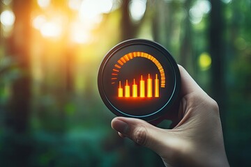 Hand holding a round gauge, showing a progress bar and bar graph indicating growth or progress. Warm sunlight filters through a blurred forest background
