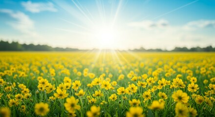 Obraz premium Yellow Flower Field in Sunlight Under Blue Sky Background