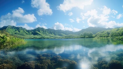 A stunning lake with crystal-clear waters, surrounded by lush green mountains under the bright blue sky. The water reflects sunlight, creating ripples on its surface.