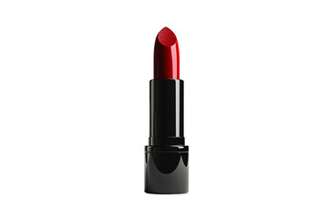 Sleek red lipstick in a black case, standing tall, ready to deliver bold, glamorous beauty, isolated on a transparent background