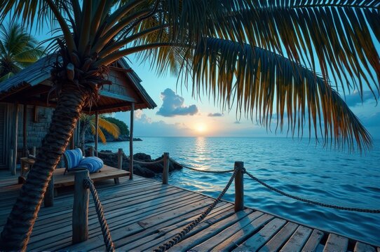 Tranquil tropical sunset from a seaside wooden deck with palm trees - Powered by Adobe