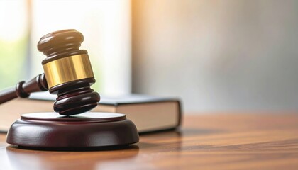 Fototapeta premium Symbol of Justice: A close-up captures a wooden gavel, resting on a sound block. A legal textbook subtly rests behind, under the warm glow, evoking fairness and ethical conduct.