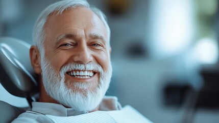 Smiling elderly man at a dental clinic showing perfect white teeth