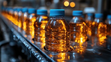 Bottles of sparkling water on a conveyor belt in a production facility with warm lighting
