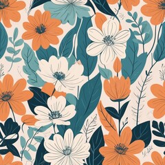Simple abstract floral seamless pattern. Hand-drawn botanical flowers and leaves. Vector illustration