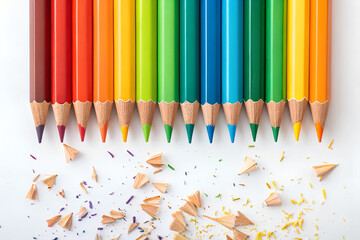 "Sharpened Color Pencils Lined Up with Shavings on White Surface"
