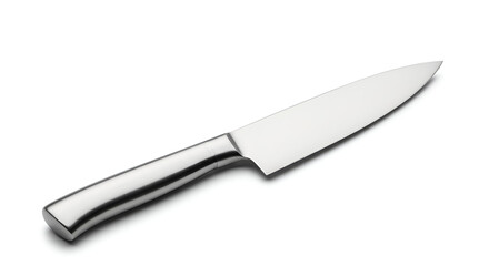Obraz premium Stainless steel chef’s knife positioned diagonally on a white backdrop