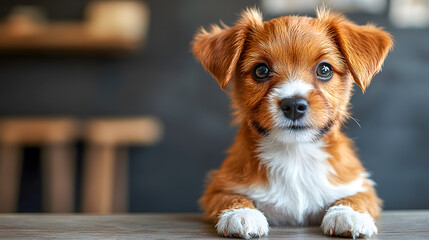 Adorable Puppy With Bright Eyes Resting on a Wooden Table
