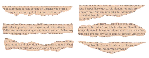 Set of ripped newspaper or book piece with old text in beige color. Torn paper for collage in realistic style