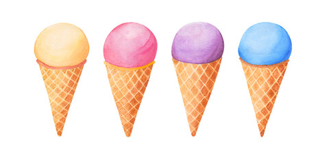 Watercolor illustration of different flavors of ice cream. Summer drawing.