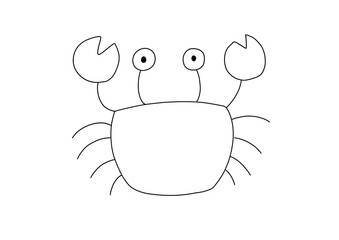 Simple and cute cartoon crab in black and white line art. Perfect for coloring books, educational materials, children's projects, and clipart collections.