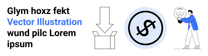 Person holding a glowing lightbulb, box with download arrow, dollar coin icon. Ideal for innovation, creativity, problem-solving, finance, shipping, e-commerce simple landing page
