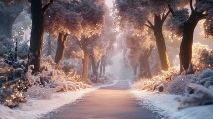 Snowy path through a winter forest