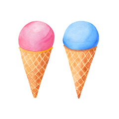 Watercolor illustration of pink and blue ice cream.