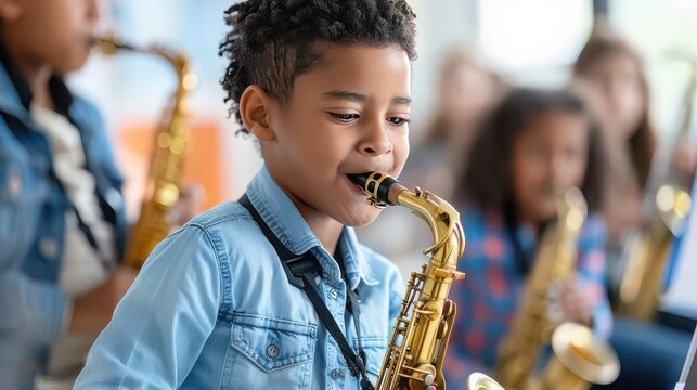 A young boy learning to play a saxophone in a music class. 