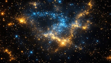 Fototapeta premium Abstract background with golden and blue glowing lines, stars, night sky, dark space, light speed effect, curved shapes,