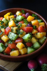 Fresh colorful fruit salad in a clay bowl garnished with herbs