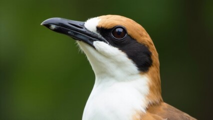 A bird with a brown head and a white neck is looking up