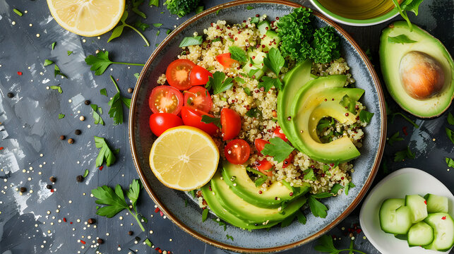 A vibrant quinoa bowl with avocado tomatoes and lemon on a dark textured surface top down view
