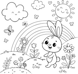 bunny and rainbow coloring page, design with butterflies and flowers. ready to print on standard 8.5x11 inch paper