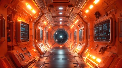 Futuristic spaceship corridor.  Orange glow illuminates the interior