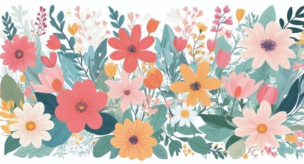 Fototapeta premium Horizontal white banner or floral backdrop decorated with gorgeous multicolored blooming flowers and leaves border. Spring botanical flat vector illustration on white background
