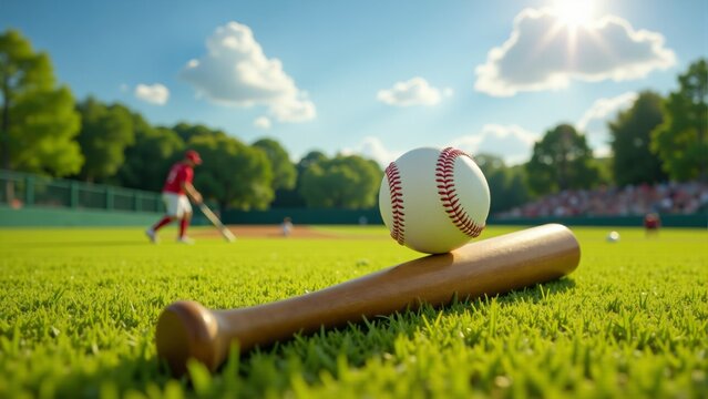 Baseball And Bat On Field