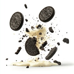 Chocolate sandwich cookies exploding in a creamy, milky substance.  Crumbs and pieces of cookies are scattered in the air, in mid-flight