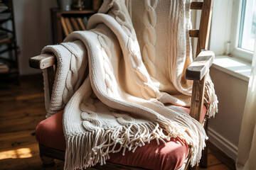 Cozy Cream Knit Blanket Draped Over A Rustic Wooden Chair Near A Window