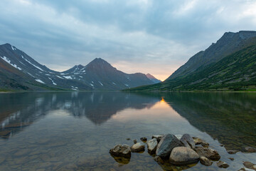 Summer landscape with mountains on sunset, Lake Hadata, Polar Urals, Yamal