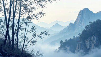 Majestic mountain landscape with bamboo in misty morning light