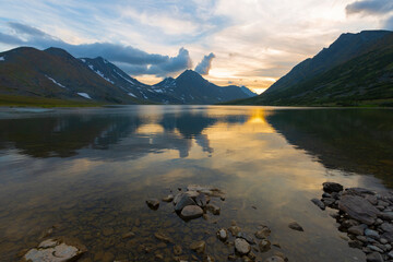 Summer landscape with mountains on sunset, Lake Hadata, Polar Urals, Yamal