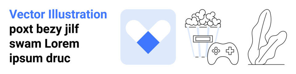 Popcorn bucket, game controller, abstract plant, and geometric heart icon represent entertainment, relaxation, digital media, gaming, modern lifestyle, creativity casual hobbies and a simple