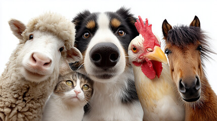 group of domestic animals on white background: sheep, cat, dog, rooster, horse