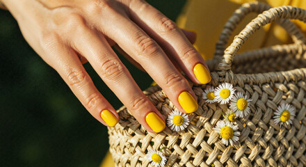 Yellow-tipped manicure with pearl accessories - perfect for summer wedding blogs, beach party inspiration, and elegant seasonal style guides