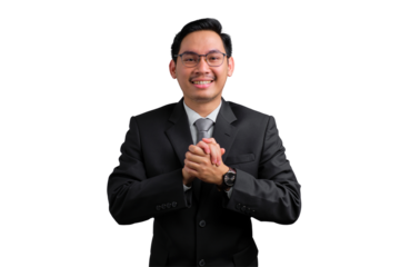 Happy young Asian businessman in black suit smiling and clapping hands isolated on transparent background