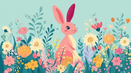 Pink bunny in spring flowers.