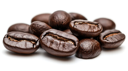 Obraz premium Pile of roasted coffee beans close up on a white background