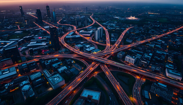 Aerial view of Birmingham UK Spaghetti Junction, Backlit. with white shades