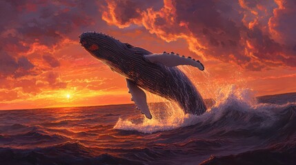 Fototapeta premium An illustration of a humpback whale breaching the ocean's surface against the backdrop of a stunning sunset.