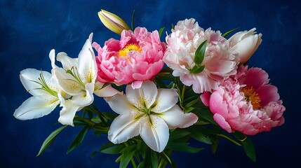 Beautiful Bouquet of Peonies and Lilies on Deep Blue Background